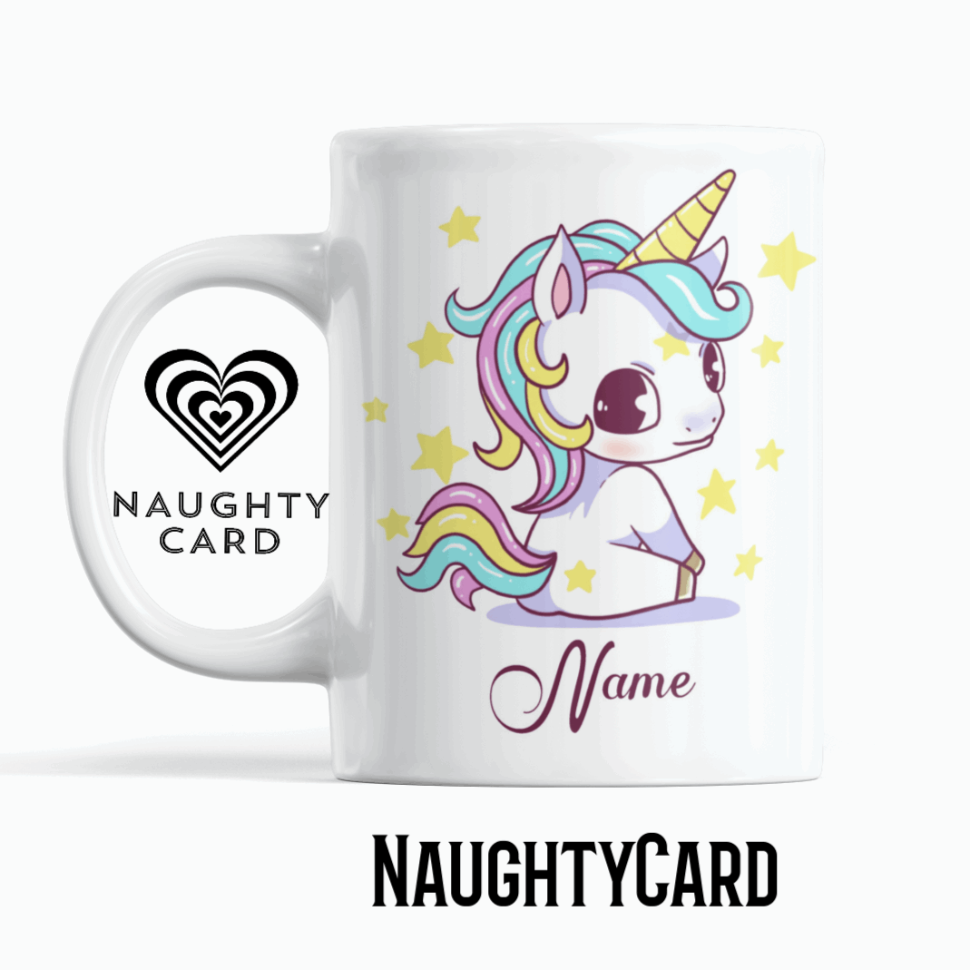 Baby Unicorn Personalised Mug From NaughtyCard.co.uk. Image showing white mug on a plain white background. Front View.