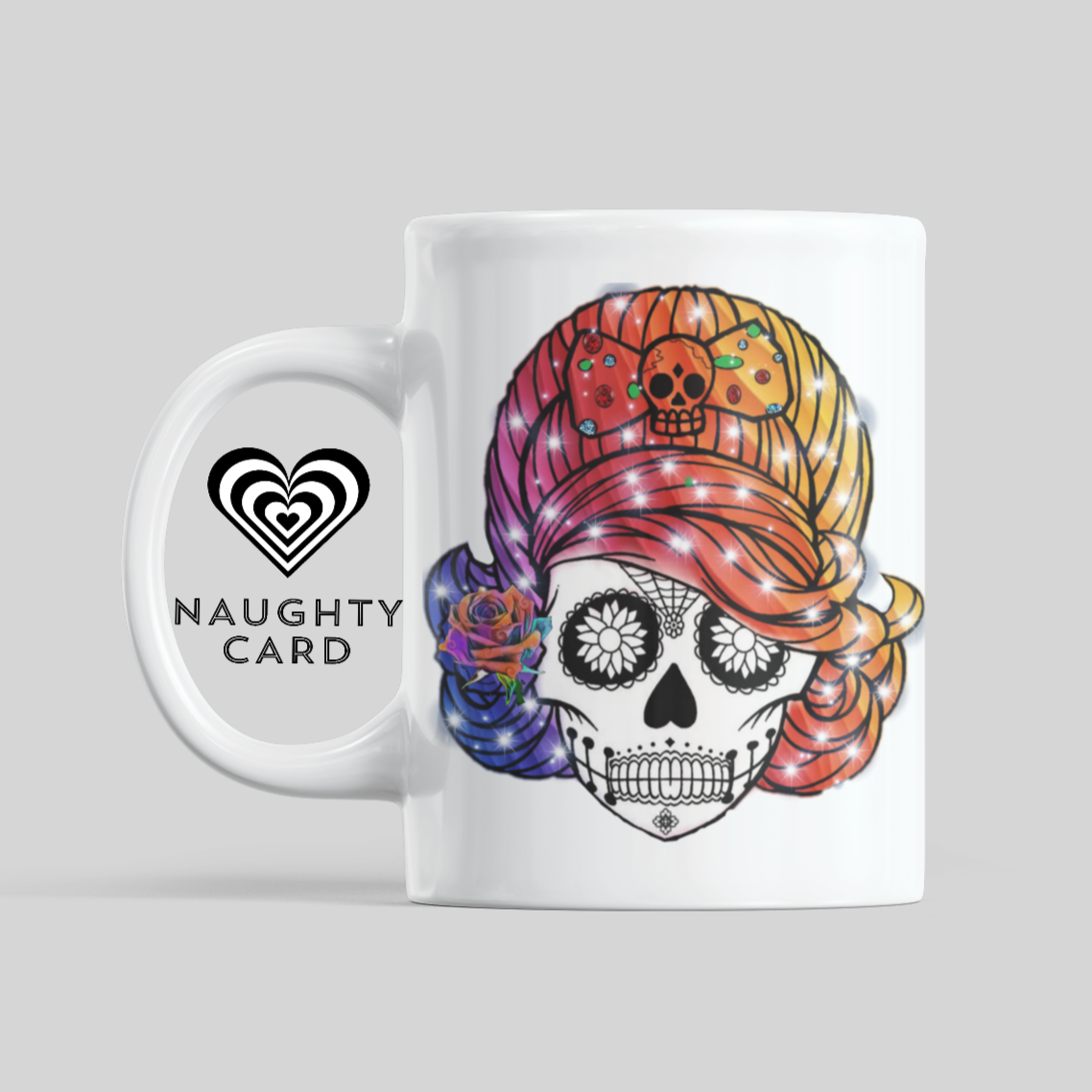 Sugar Skull Sparkle Mug. From NaughtyCard.co.uk. Standard White Mug.