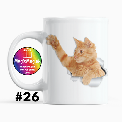 Ginger Cat Magic Mug From NaughtyCard. White Mug on a plain white background. Personalised With Any Name.
