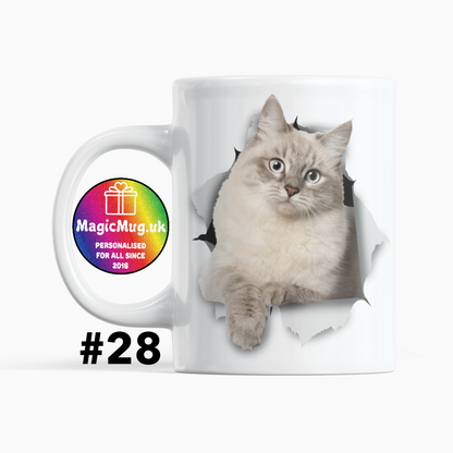 Grey Cat Magic Mug From NaughtyCard. White Mug on a plain white background. Personalised With Any Name.