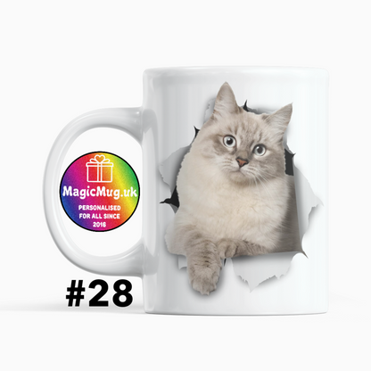 Shy Cat Magic Mug From NaughtyCard. White Mug on a plain white background. Personalised With Any Name.