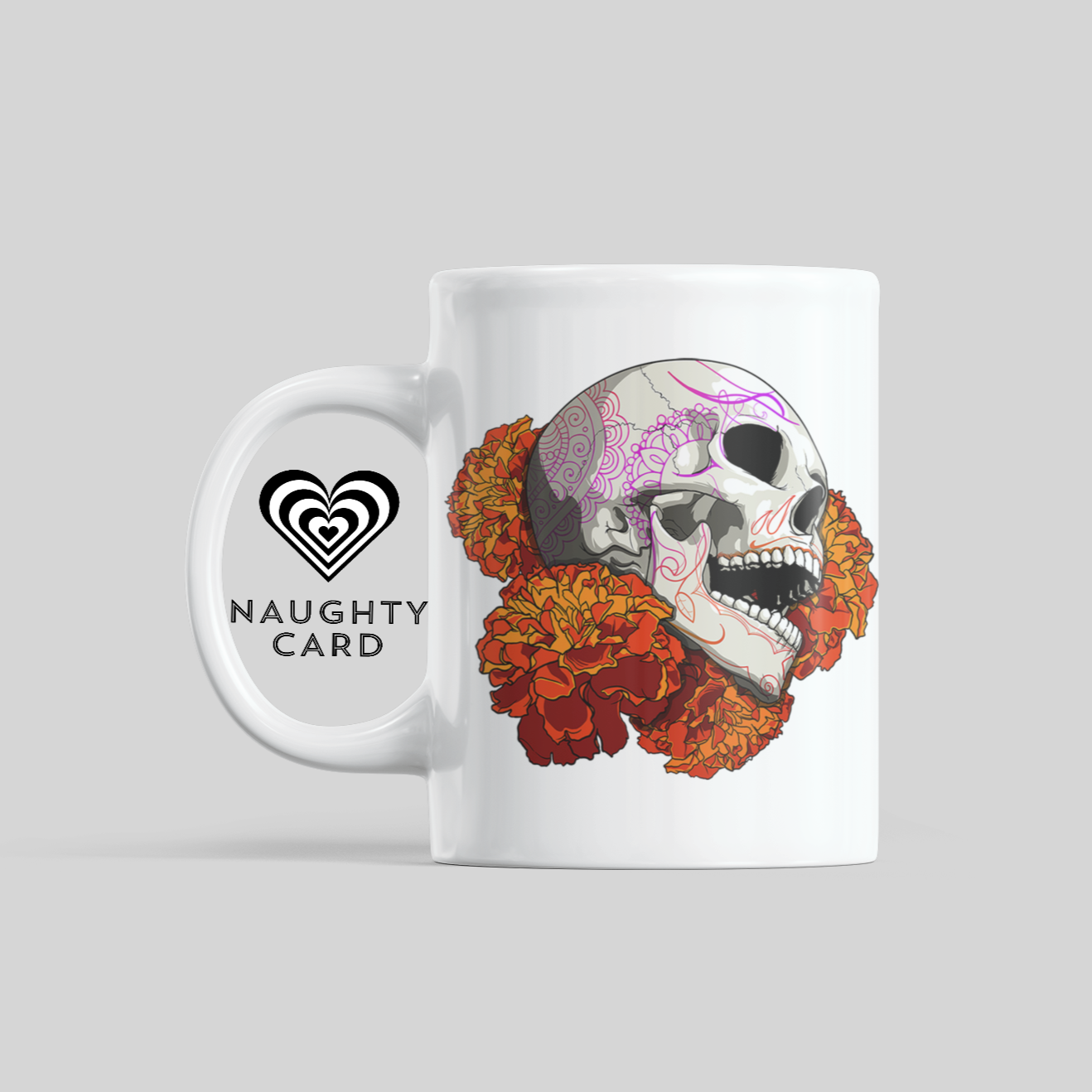 Sugar Skull Orange Flower Mug. Front view
