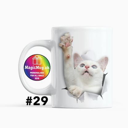 Cute White Cat Magic Mug From NaughtyCard. White Mug on a plain white background. Personalised With Any Name.