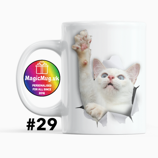 White Cat Magic Mug From NaughtyCard. White Mug on a plain white background. Personalised With Any Name.