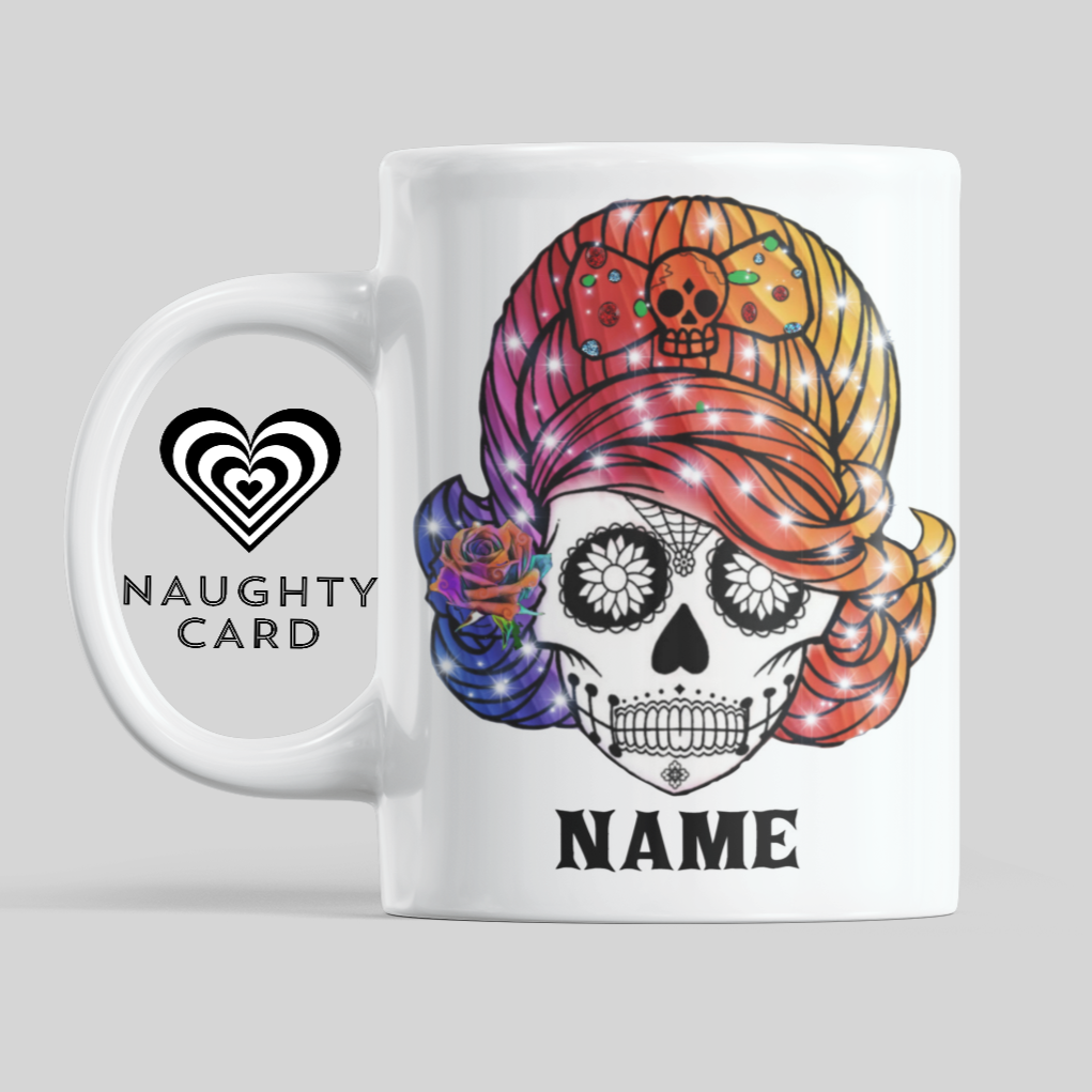 Sugar Skull Sparkle Personalised Mug. Front View