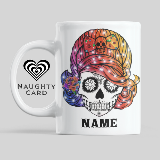 Sugar Skull Sparkle Personalised Mug. Front View
