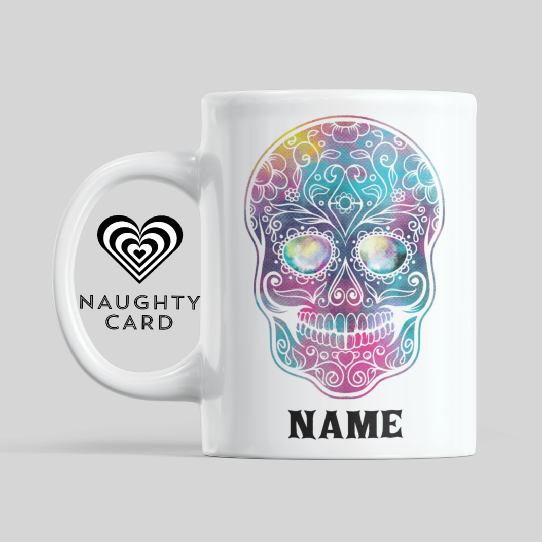 Sugar Skull Pink Blue Personalised Mug. Front View
