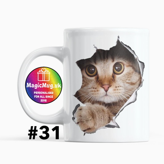 Birthday Gift. Cat Magic Mug From NaughtyCard. White Mug on a plain white background. Personalised With Any Name.