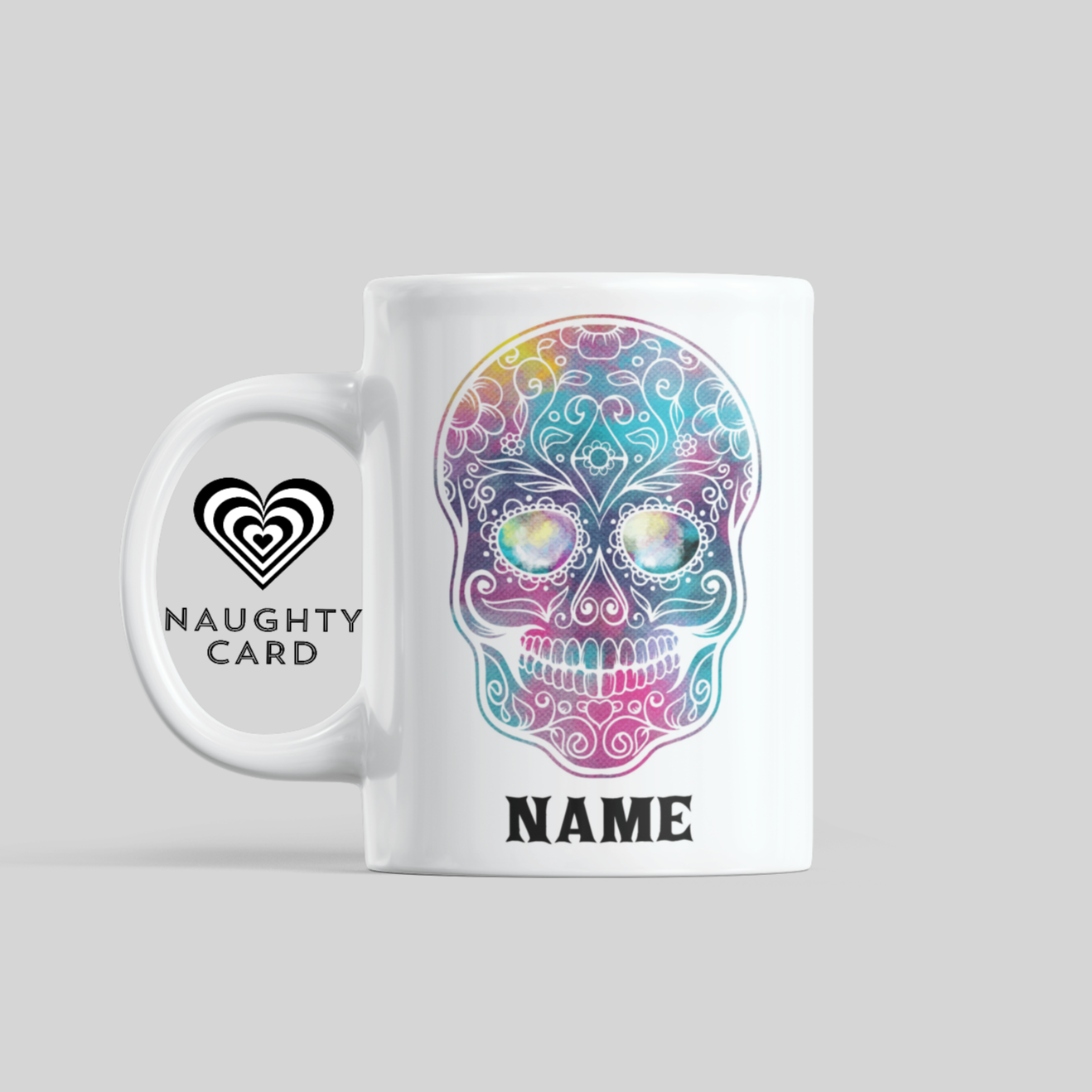 Sugar Skull Pink Blue Personalised Mug. Side View