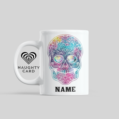 Sugar Skull Pink Blue Personalised Mug. Side View