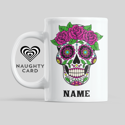 Sugar Skull Purple Flower Personalised Mug. Front View