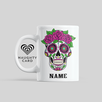 Sugar Skull Purple Flower Personalised Mug. Side View