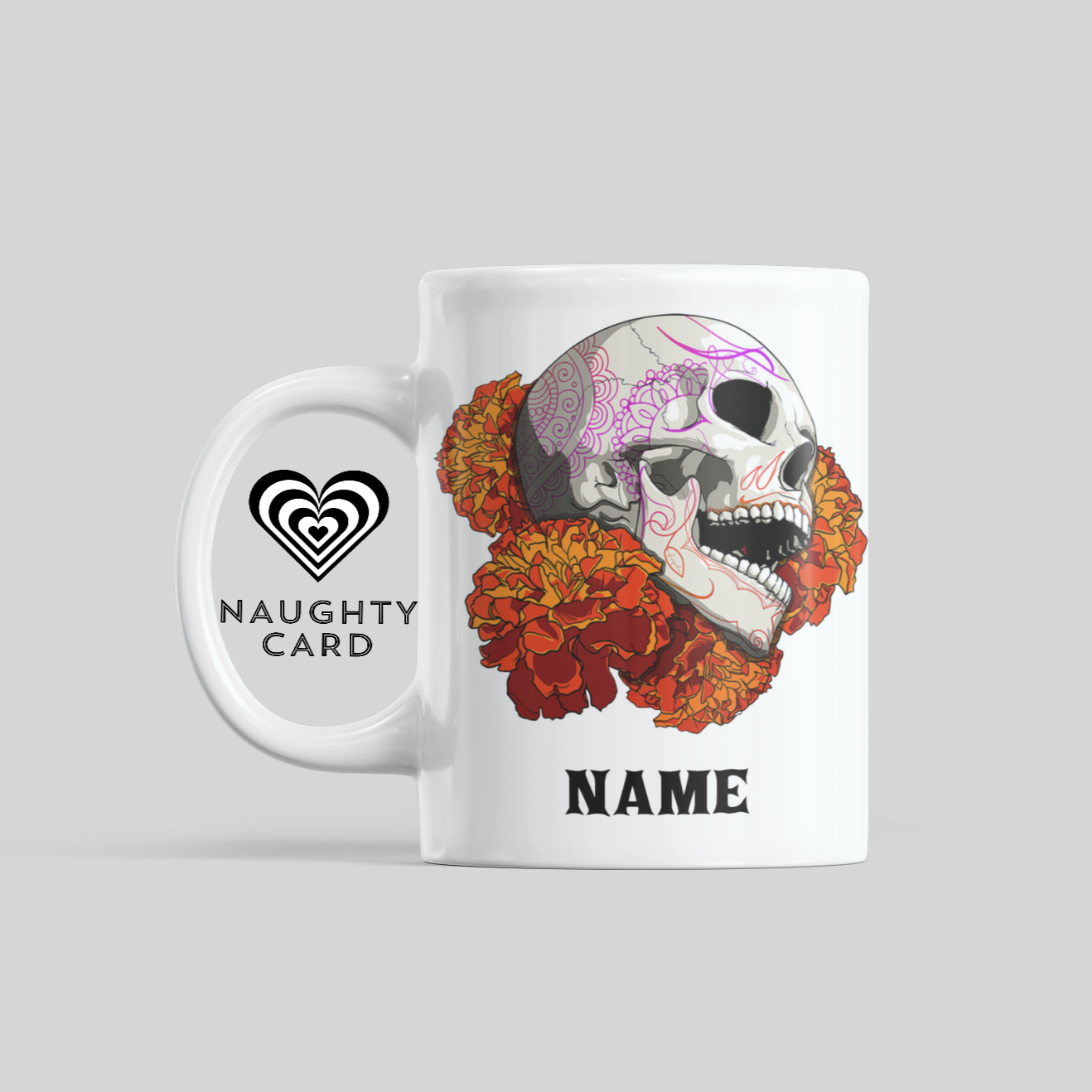 Sugar Skull Orange Flower Personalised Mug Side View