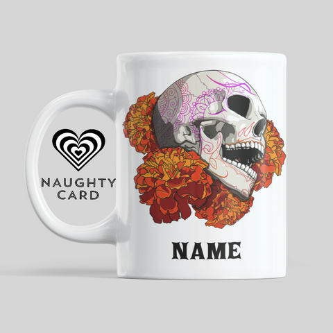 Sugar Skull Orange Flower Personalised Mug Front View
