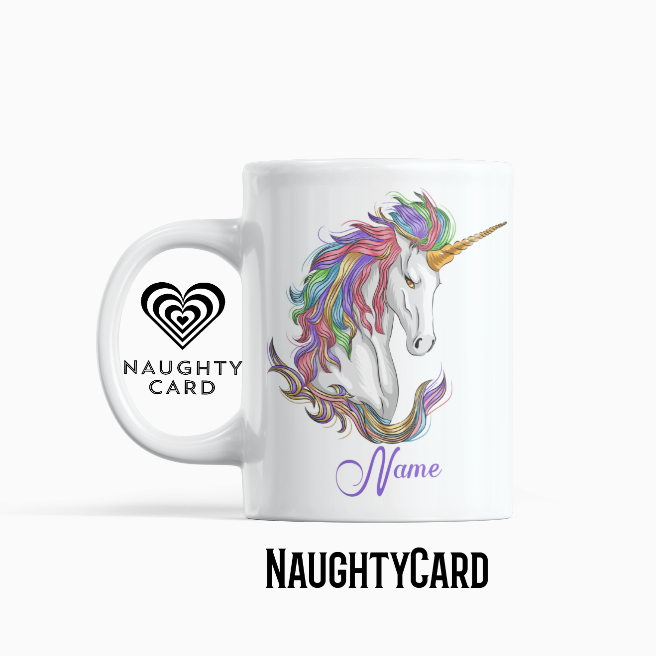Unicorn Personalised Mug From NaughtyCard. Front View