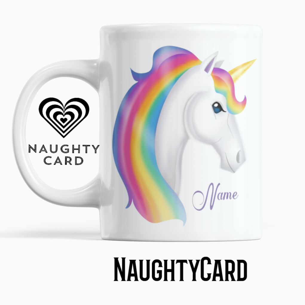 Rainbow Unicorn Personalised Mug from naughty card. White Mug on a plain white background. Side view