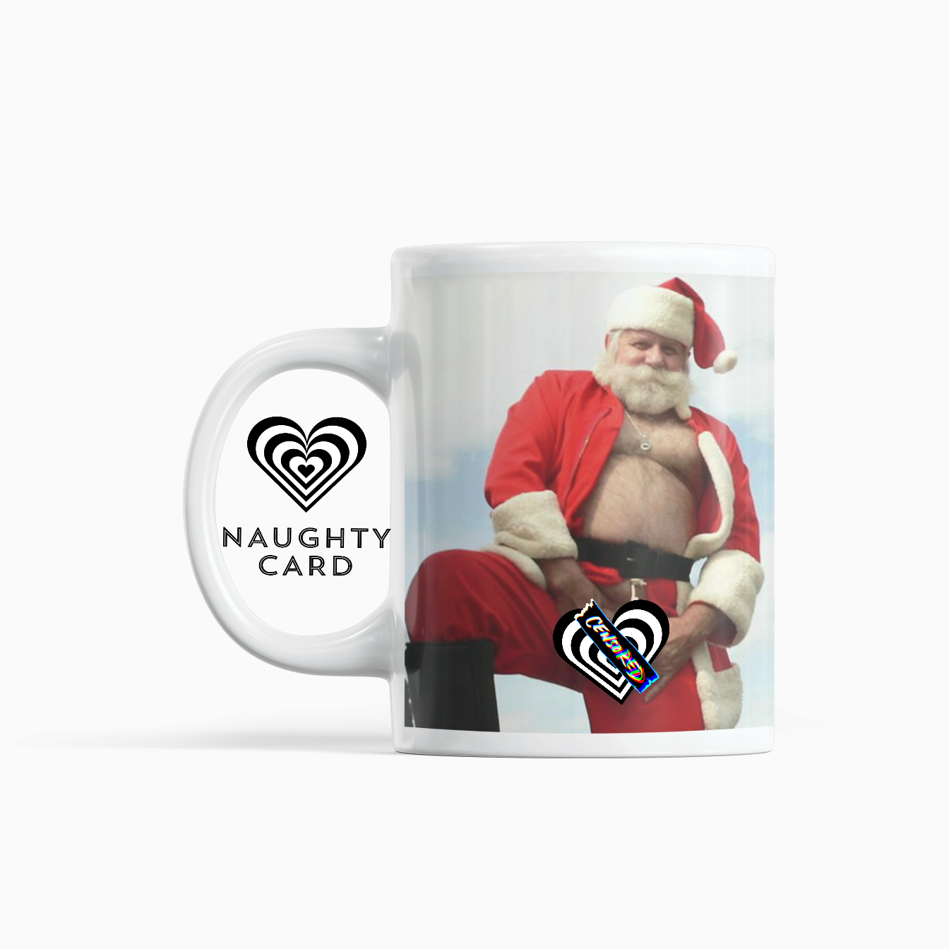 Mug with a printed design of Santa Claus and 'Naughty Card' text on a white background
