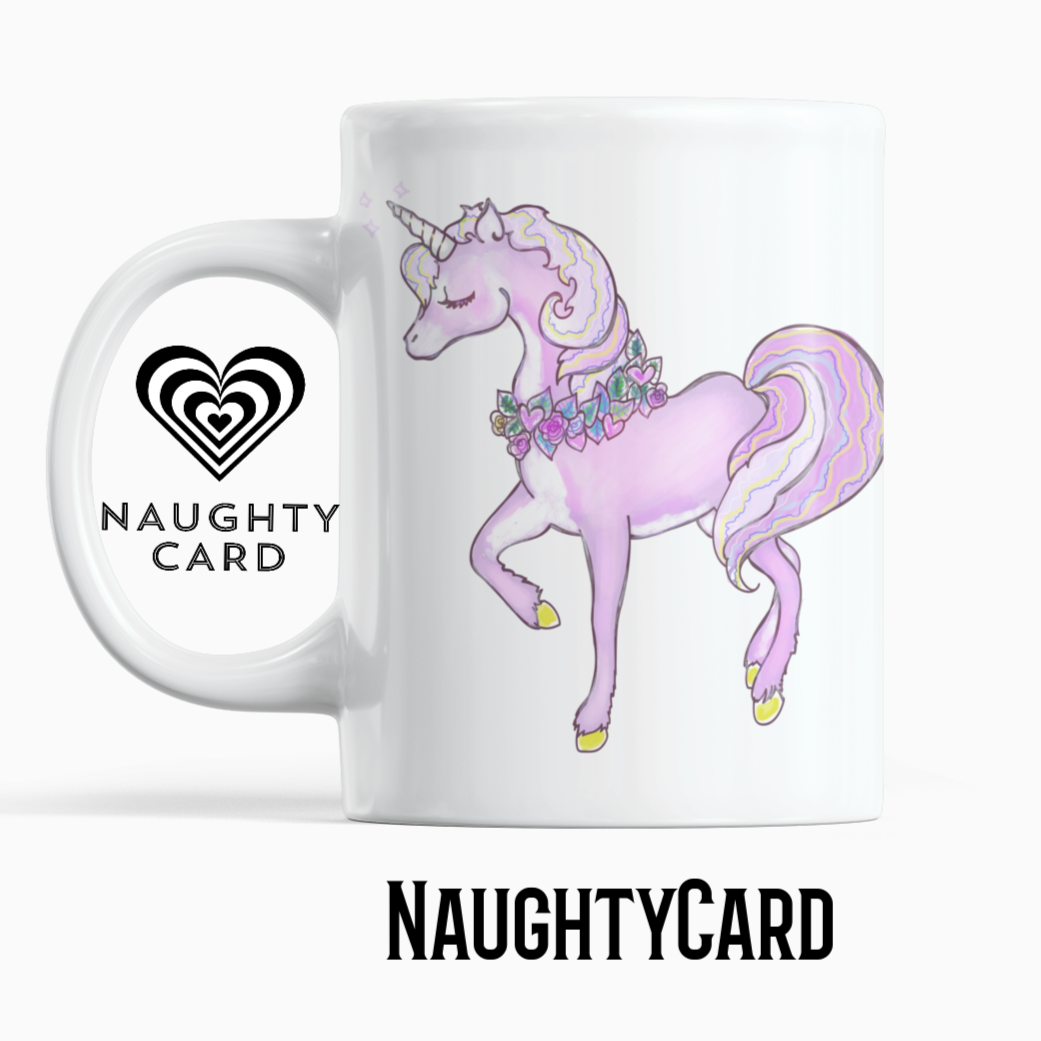 Pink Unicorn Personalised Mug From Naughtycard. White Mug Witha Pink unicorn on a plain white background. Side View