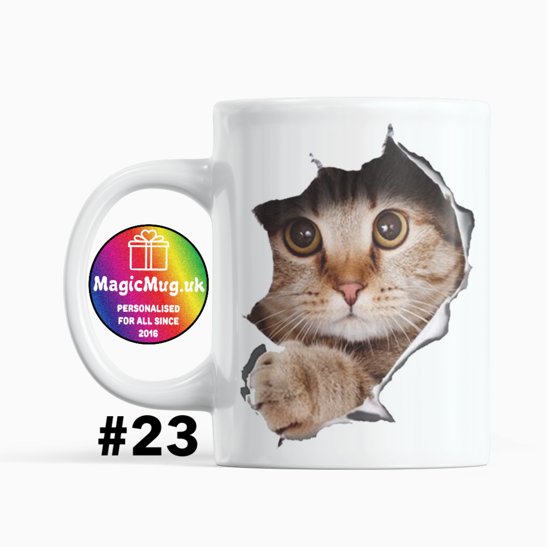 Peaking Cat Magic Mug From NaughtyCard. White Mug on a plain white background. Personalised With Any Name.