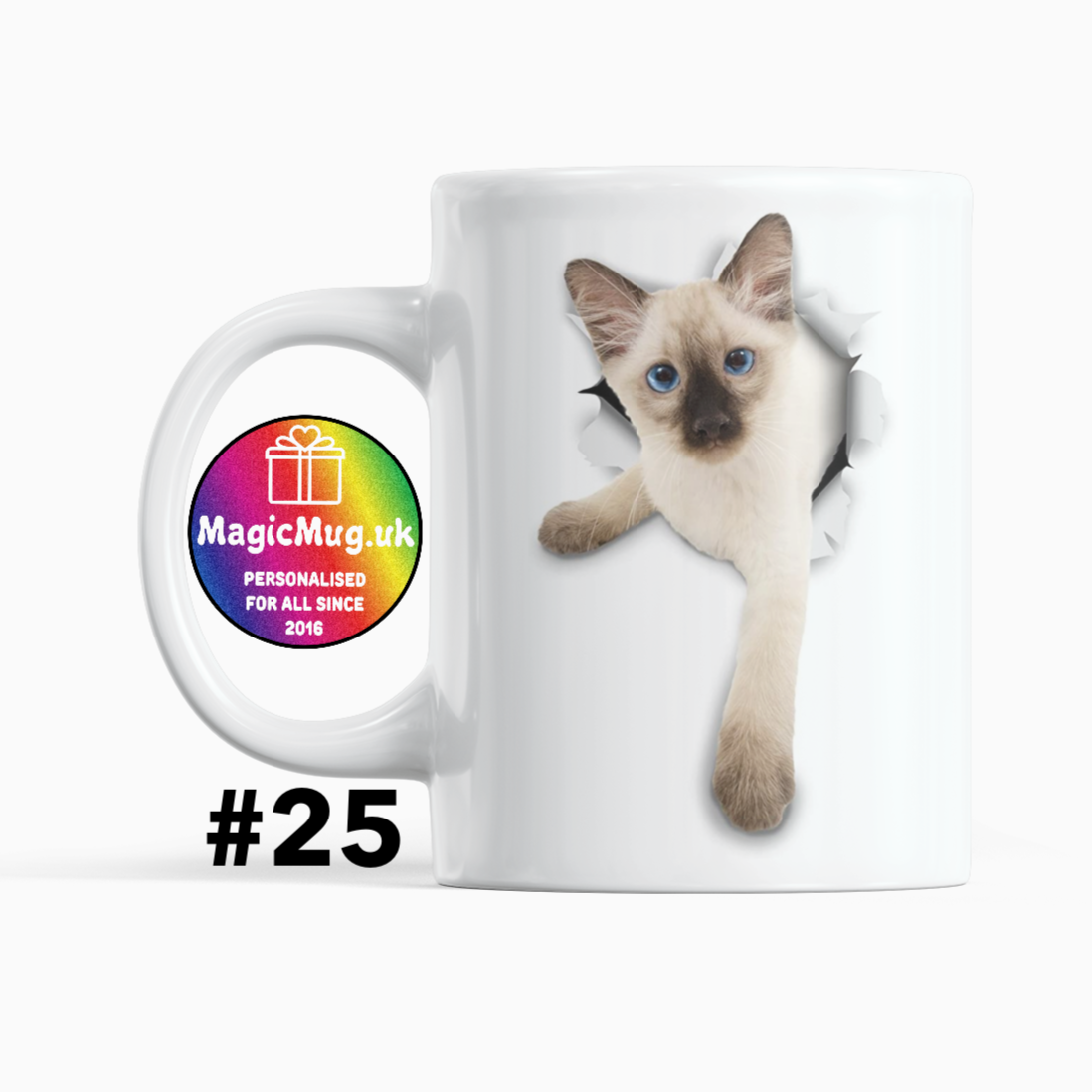 Cute Siamese Cat Magic Mug From NaughtyCard. White Mug on a plain white background. Personalised With Any Name.
