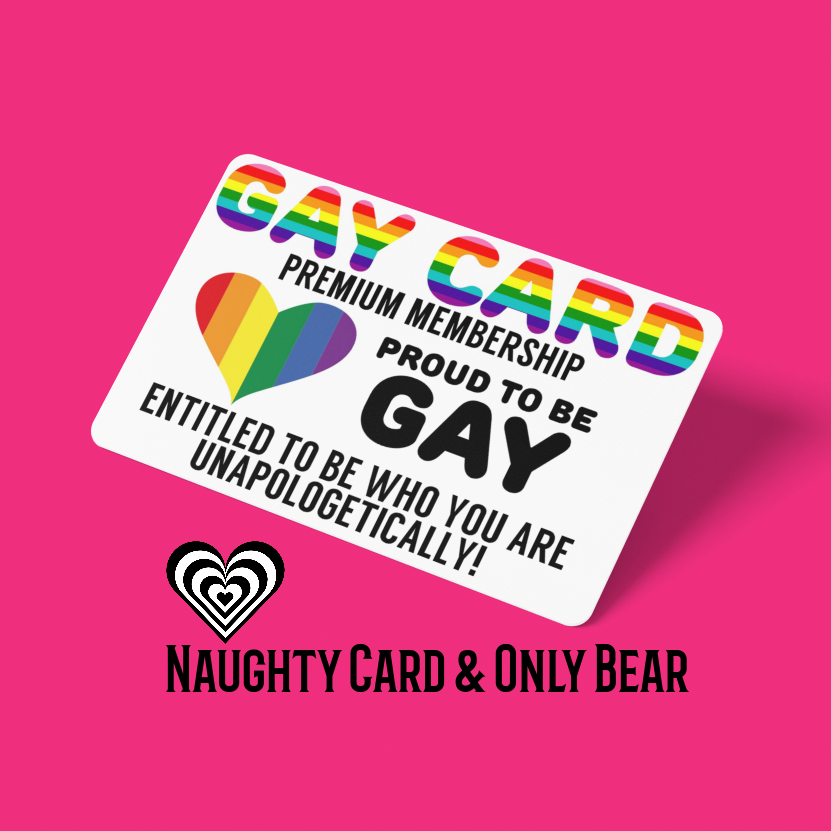 Gay Pride Membership Card with rainbow design and text on a pink background
