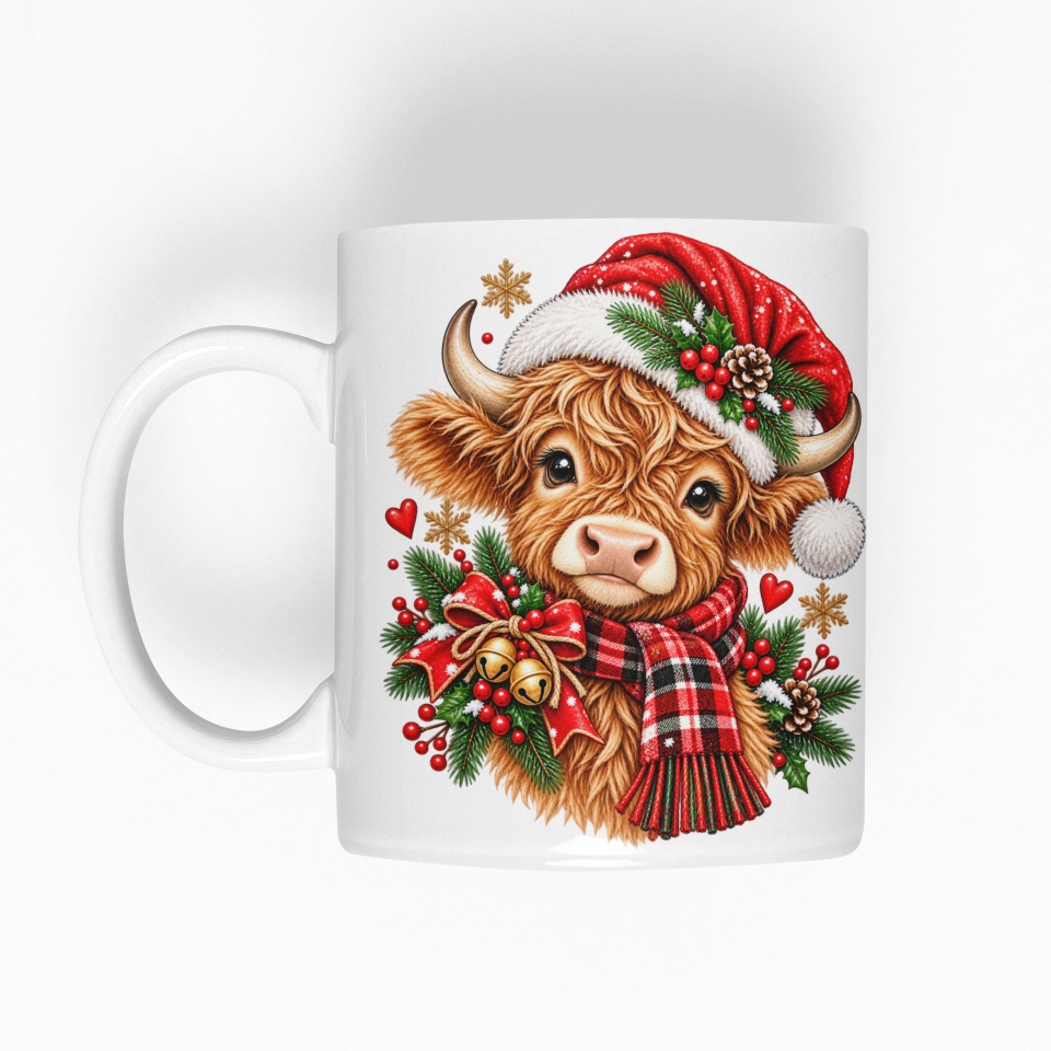 A white ceramic mug featuring a festive illustration of a Highland cow wearing a red Santa hat and plaid scarf, surrounded by green holly leaves and red berries, set against a plain white background.
