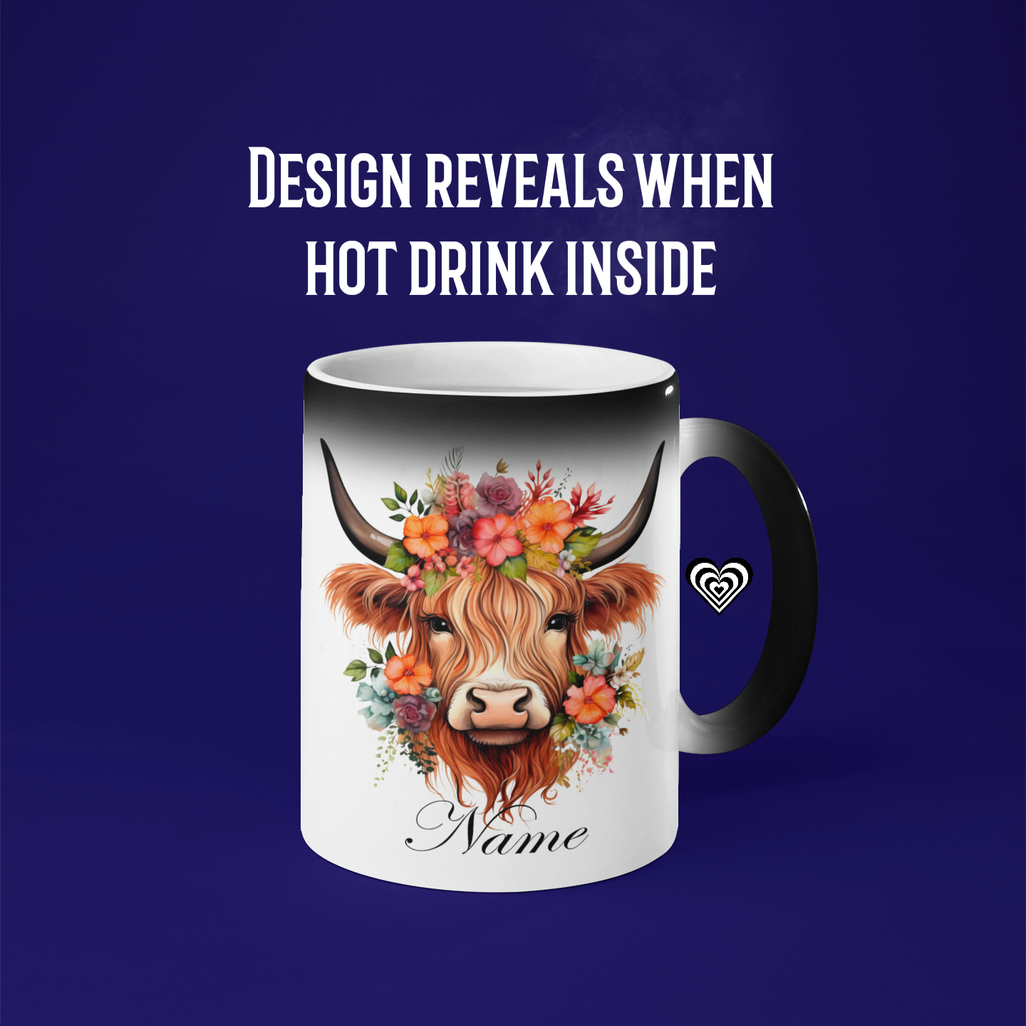 White heat reveal magic mug featuring a Highland Cow and the text "Name" on a solid purple background