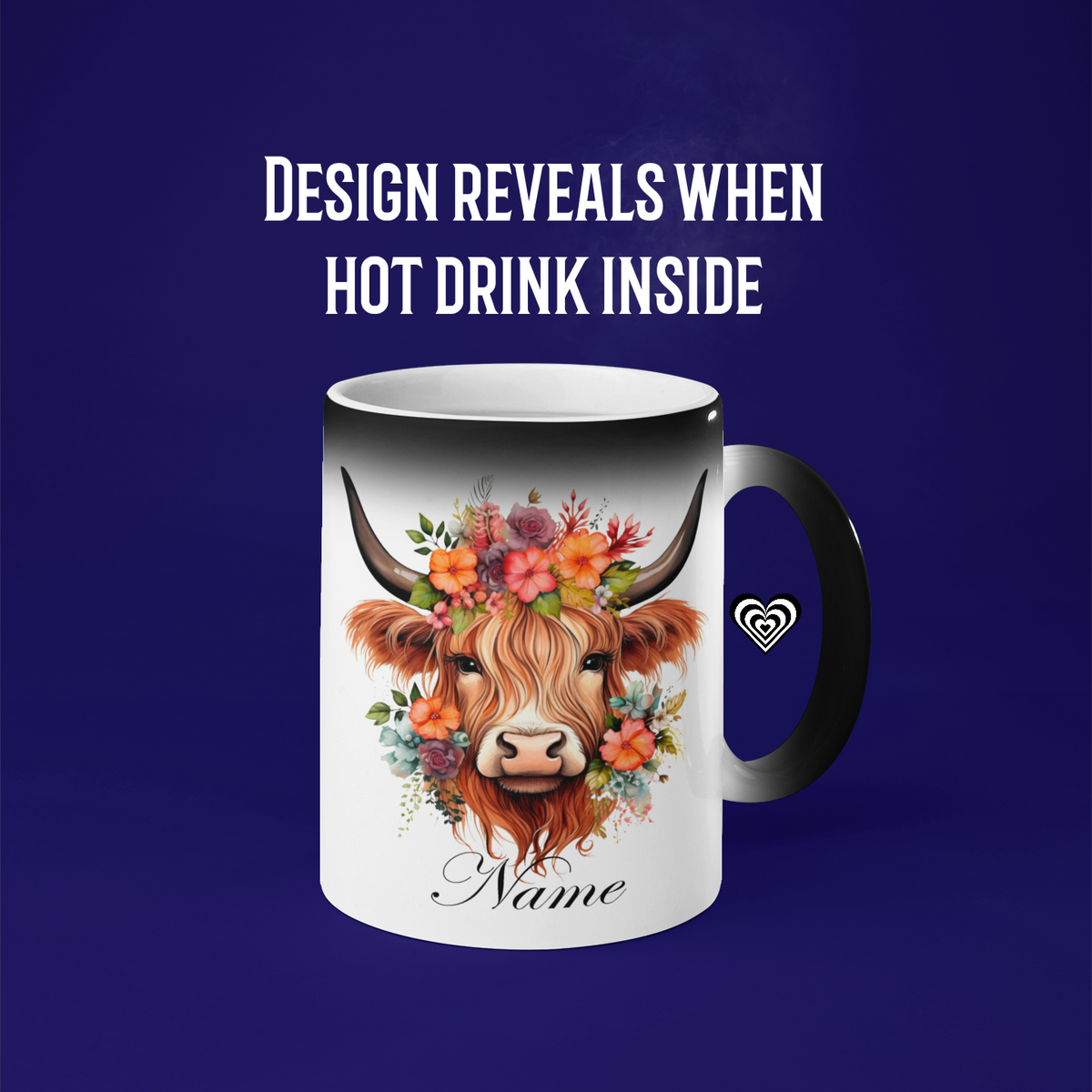 White heat reveal magic mug featuring a Highland Cow and the text "Name" on a solid purple background