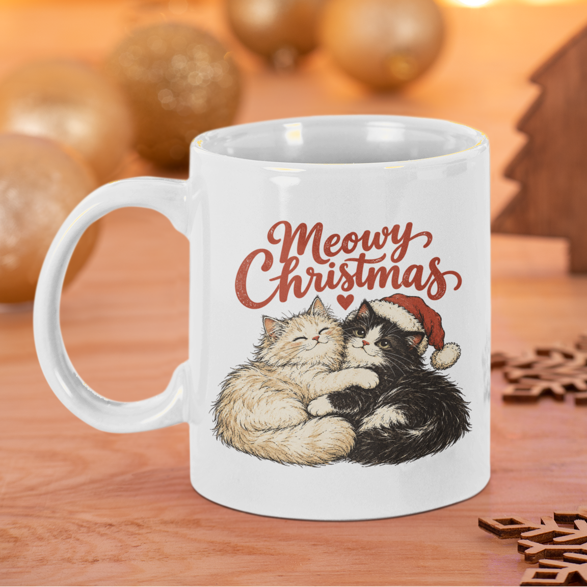 A white ceramic mug with a 'Meow Christmas' graphic featuring two cats hugging under a Santa hat, displayed on a wooden surface with warm holiday lights and ornaments in the background.