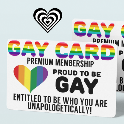 Two cards with rainbow designs and text, labeled 'Gay Card' on a light gray background.