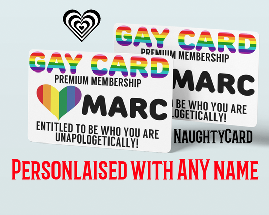 Gay Pride Membership Card Personalised  with rainbow design and text on a white background