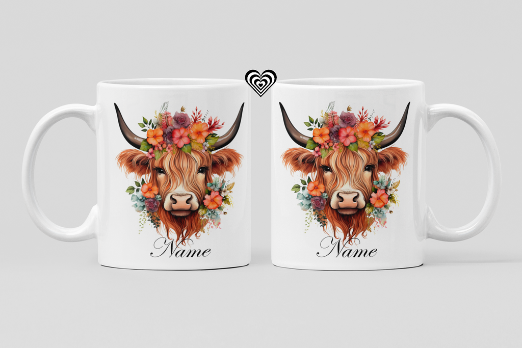 Two White Mugs featuring the image of a Highland Cow and text that reads "Name" The image shows the mug from both sides