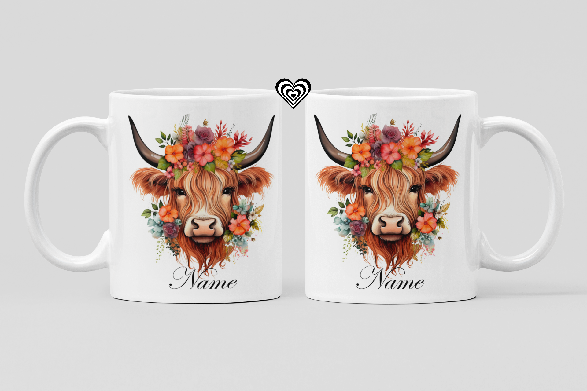 Two White Mugs featuring the image of a Highland Cow and text that reads "Name" The image shows the mug from both sides