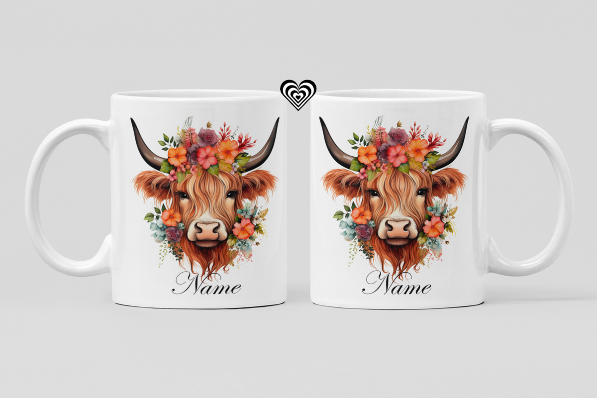 Two White Mugs featuring the image of a Highland Cow and text that reads "Name" The image shows the mug from both sides