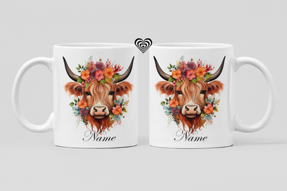 Two White Mugs featuring the image of a Highland Cow and text that reads "Name" The image shows the mug from both sides