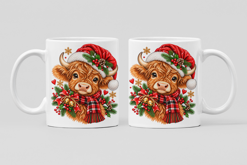 Two white ceramic mugs shown side by side, each printed with a festive illustration of a fluffy brown Highland cow wearing a red Santa hat and red plaid scarf, surrounded by green holly and red berries, on a light gray background.