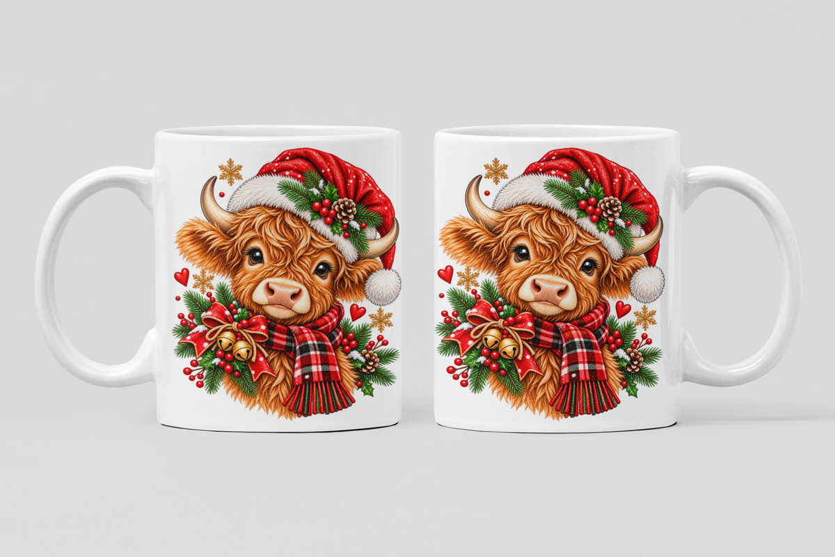 Two white ceramic mugs shown side by side, each printed with a festive illustration of a fluffy brown Highland cow wearing a red Santa hat and red plaid scarf, surrounded by green holly and red berries, on a light gray background.