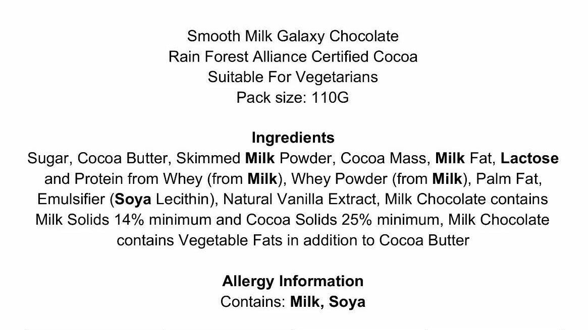 Nutritional information and ingredient list for Galaxy Milk Chocolate on a white background