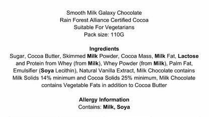 Nutritional information and ingredient list for Galaxy Milk Chocolate on a white background