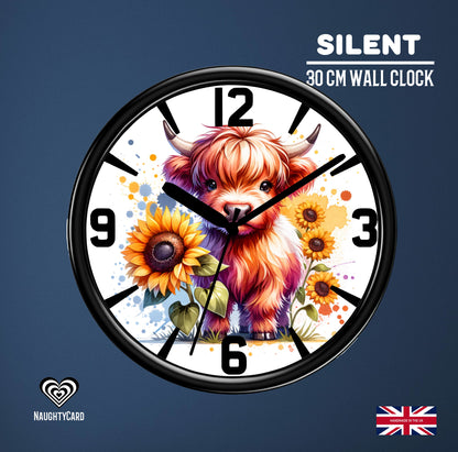 Highland Cow Wall Clock Large 30cm Silent Wall Clock