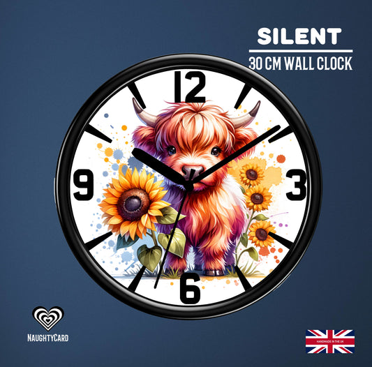 Highland Cow Wall Clock Large 30cm Silent Wall Clock