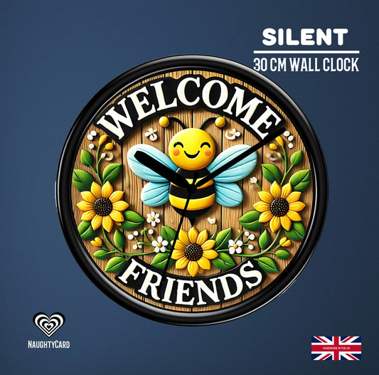 Wall clock with bee design and 'Welcome Friends' text on a blue background