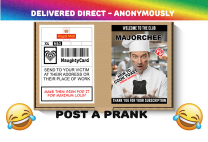 Major Chef prank mailer, brown box with a chef holding a piece of burnt toast and the text "how to cook toast"