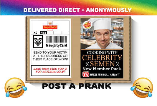 Cooking with celebrity semen anonymous prank mailer. Image shows the product with a celebrity chef