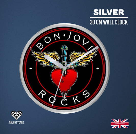 Bon Jovi wall clock with red heart and wings design on a blue background