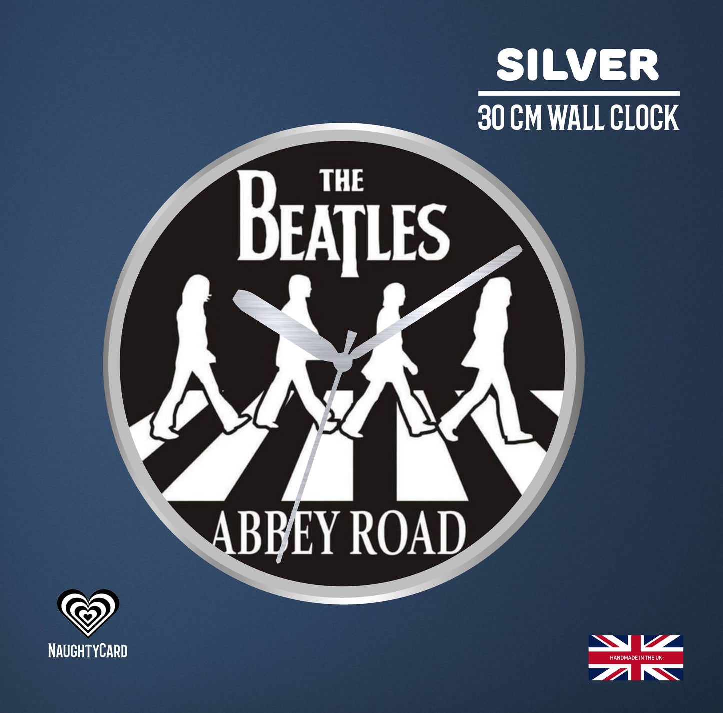 Wall clock with The Beatles Abbey Road design on a blue background