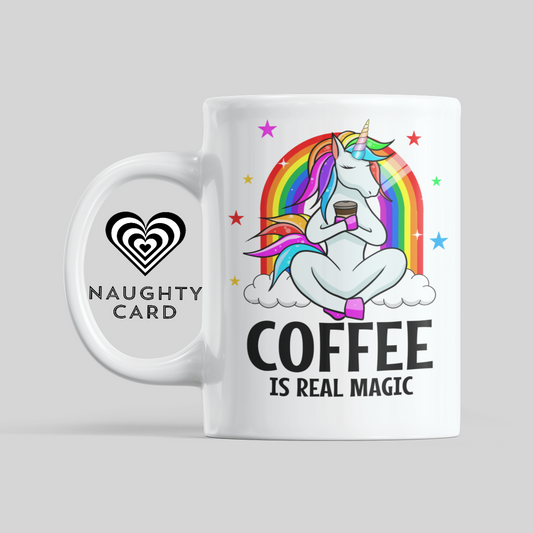 Coffee is magic. Funny Unicorn mug from NaughtyCard. Designed for adults this is the perfect office birthday gift. Leaving Gift and ideal for secret santa. Christmas Gift