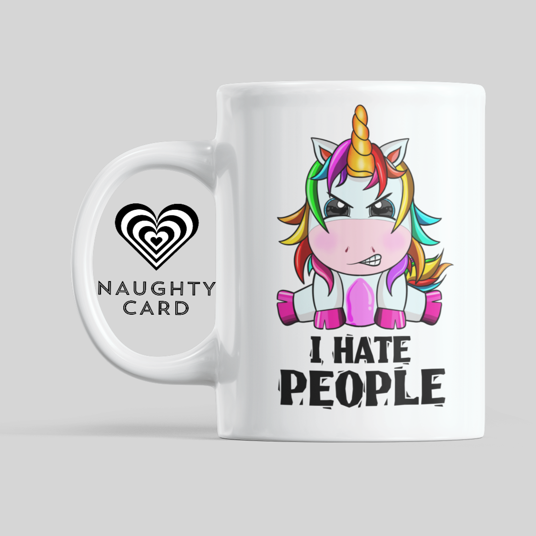 People I Hate People. Funny Unicorn mug from NaughtyCard. Designed for adults this is the perfect office birthday gift. Leaving Gift and ideal for secret santa