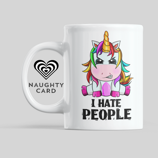People I Hate People. Funny Unicorn mug from NaughtyCard. Designed for adults this is the perfect office birthday gift. Leaving Gift and ideal for secret santa